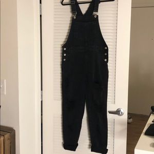 Black distressed, denim overalls!